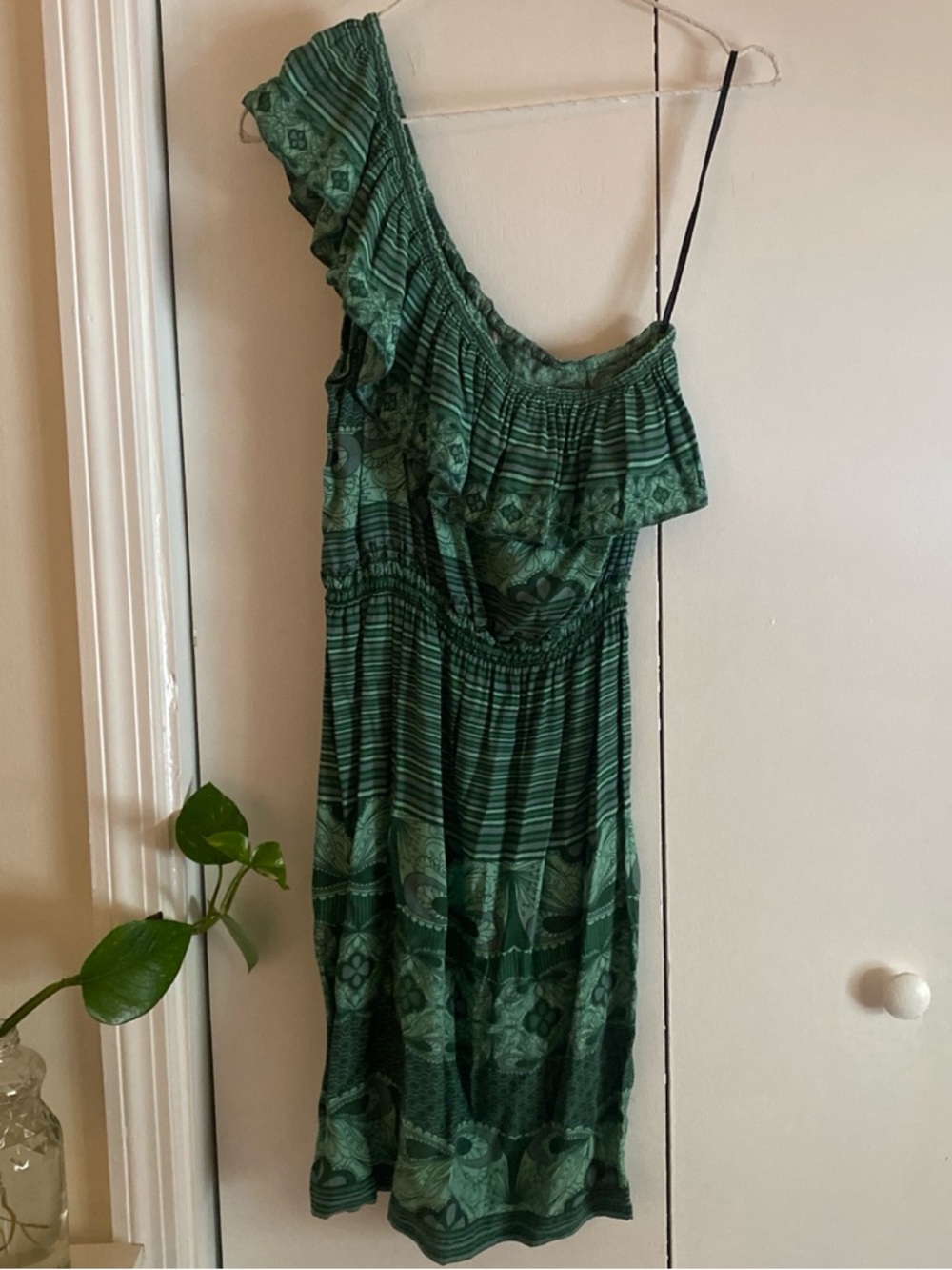 One-Shoulder Green Printed Summer Dress
